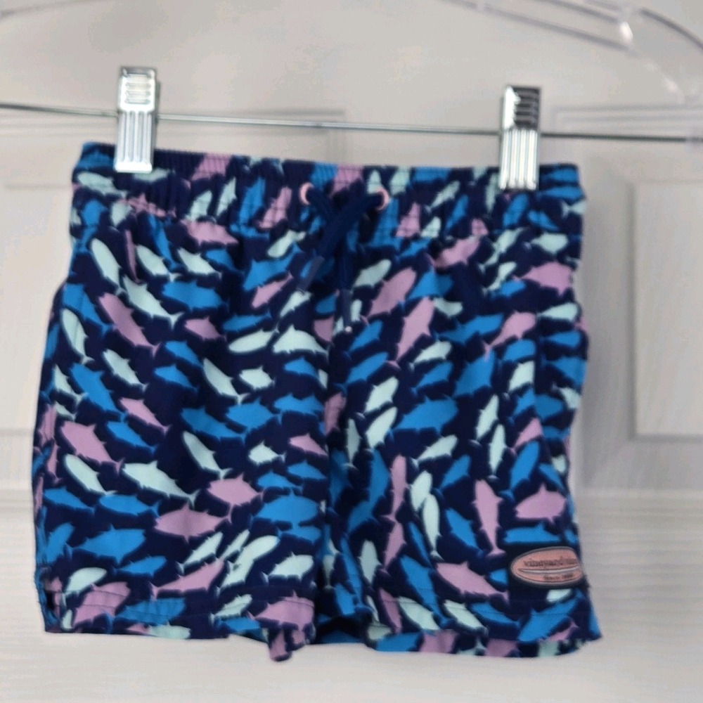 Vineyard Vines Chappy Swim trunks Fish Print Boys Size 12-18 M Blue Bathingsuit